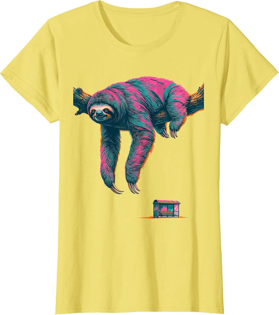 Women's Cropped Sloth Hanging Deadpan Lazy Humor Gift T-Shirt - Lemon Yellow