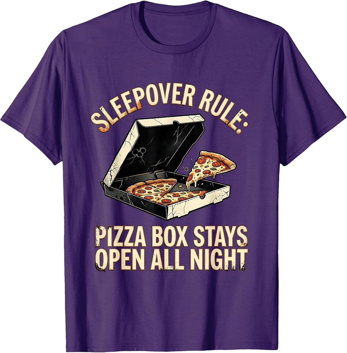 Men's Sleepover Rule Pizza Box Stays Open All Night Funny T-Shirt - Purple