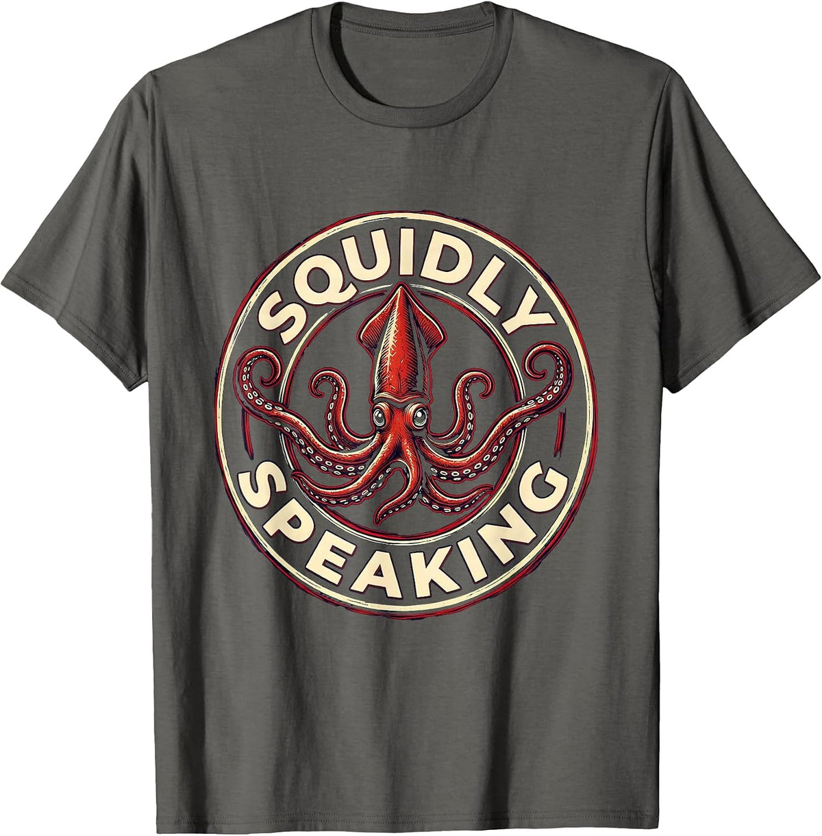 Squidly Speaking Playful Octopus Lover Emblem Marine Biology T-Shirt - Asphalt Grey