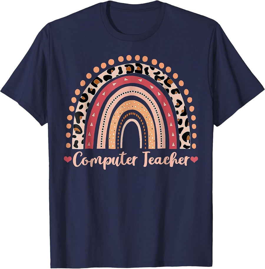 Computer Teacher Leopard Rainbow Boho T-Shirt - Navy Blue