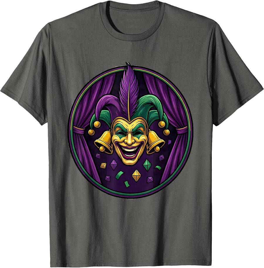 Carnival Jester Mask Cartoon Mardi Gras Costume Party T-Shirt - Asphalt Grey