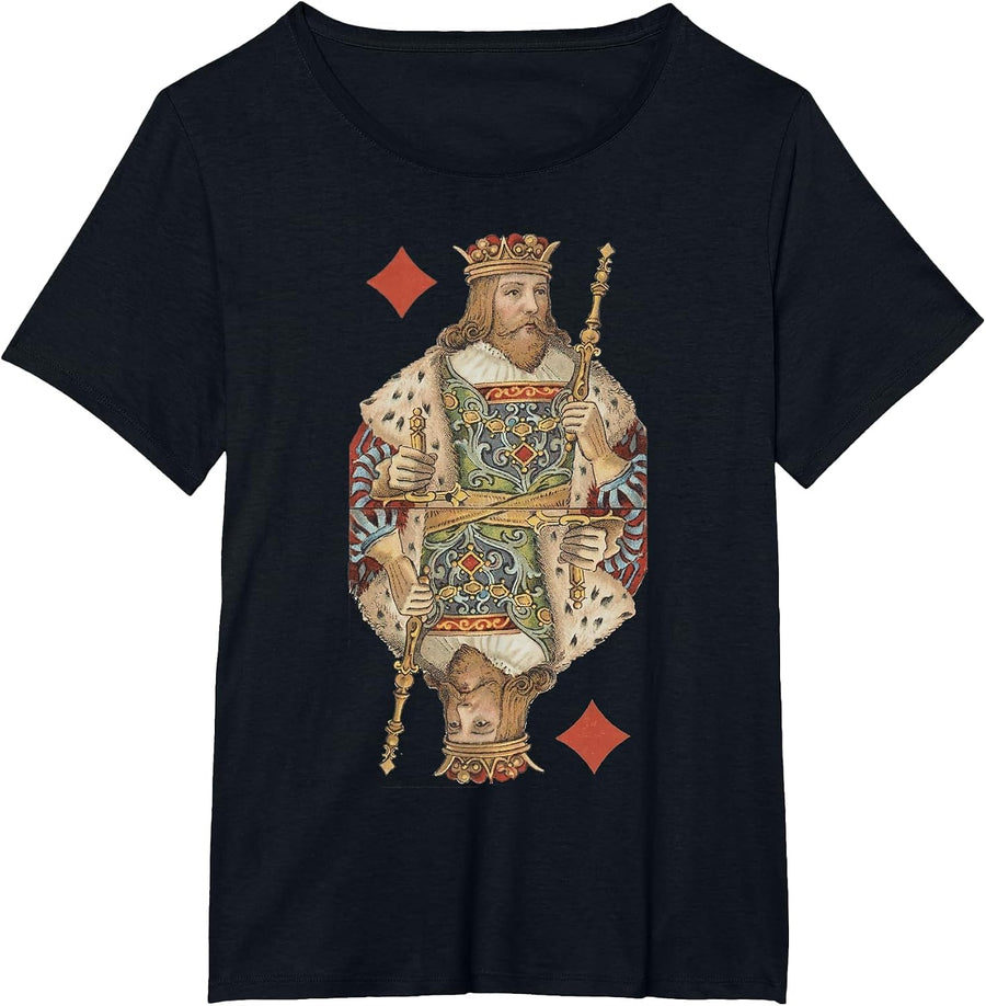 King of Diamonds Antique Art Nouveau Playing Card Art T-Shirt, Women's Plus, Black, 6X - As Pictured