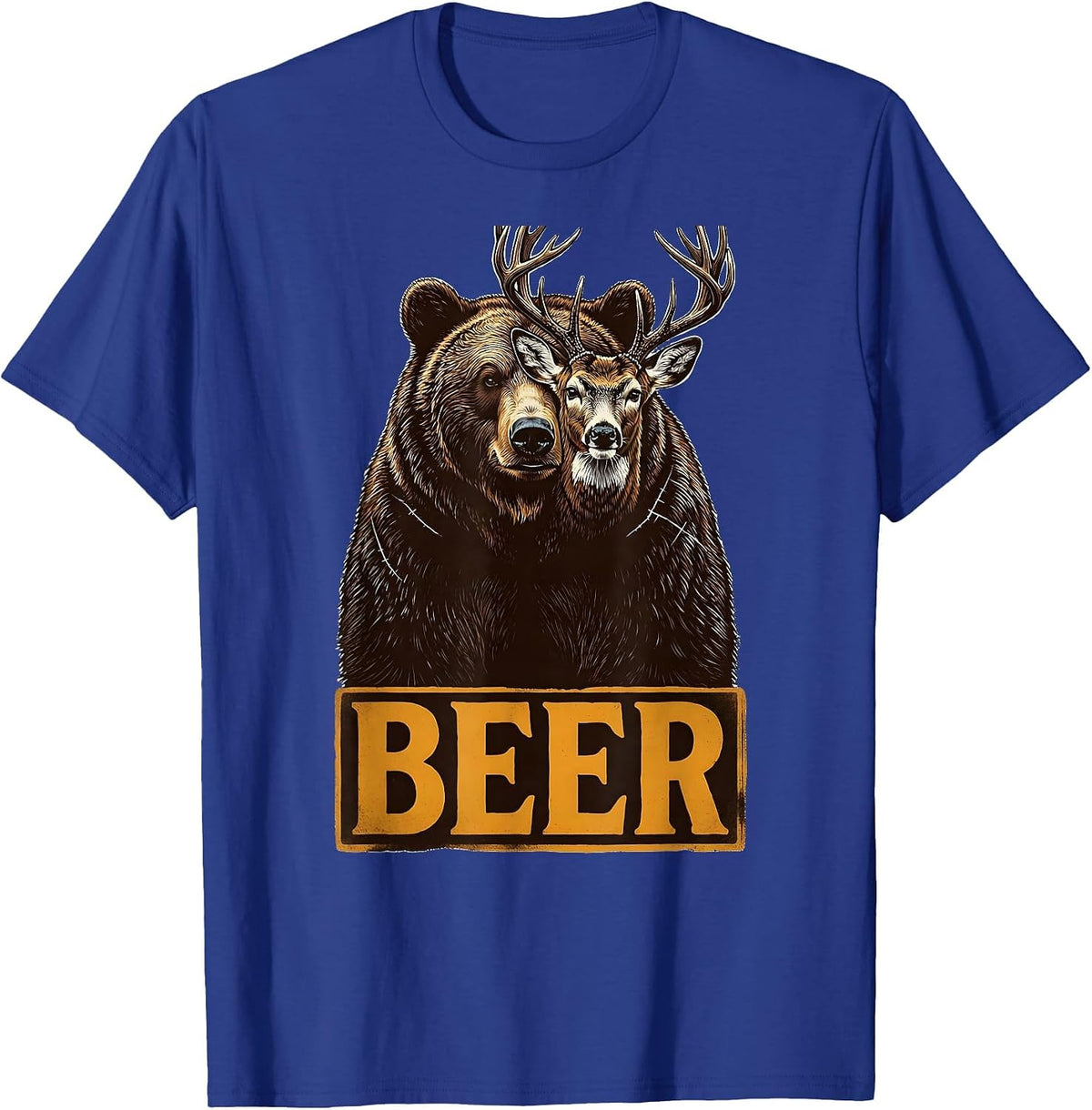 Men's BEER Funny Bear Deer Hunting Drinking Wood Type Letterpress T-Shirt - Royal Blue