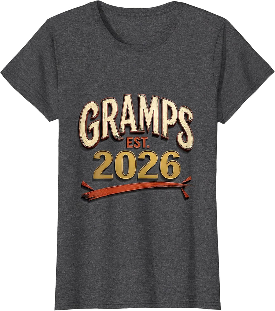 Women's Gramps Est. 2026 Funny New Grandpa Gift First Christmas T-Shirt - Dark Heather Grey