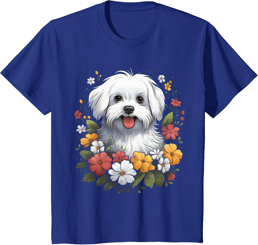 Maltese Mom Floral Dog Lover Vintage Flowers Cute T-Shirt - Royal Blue