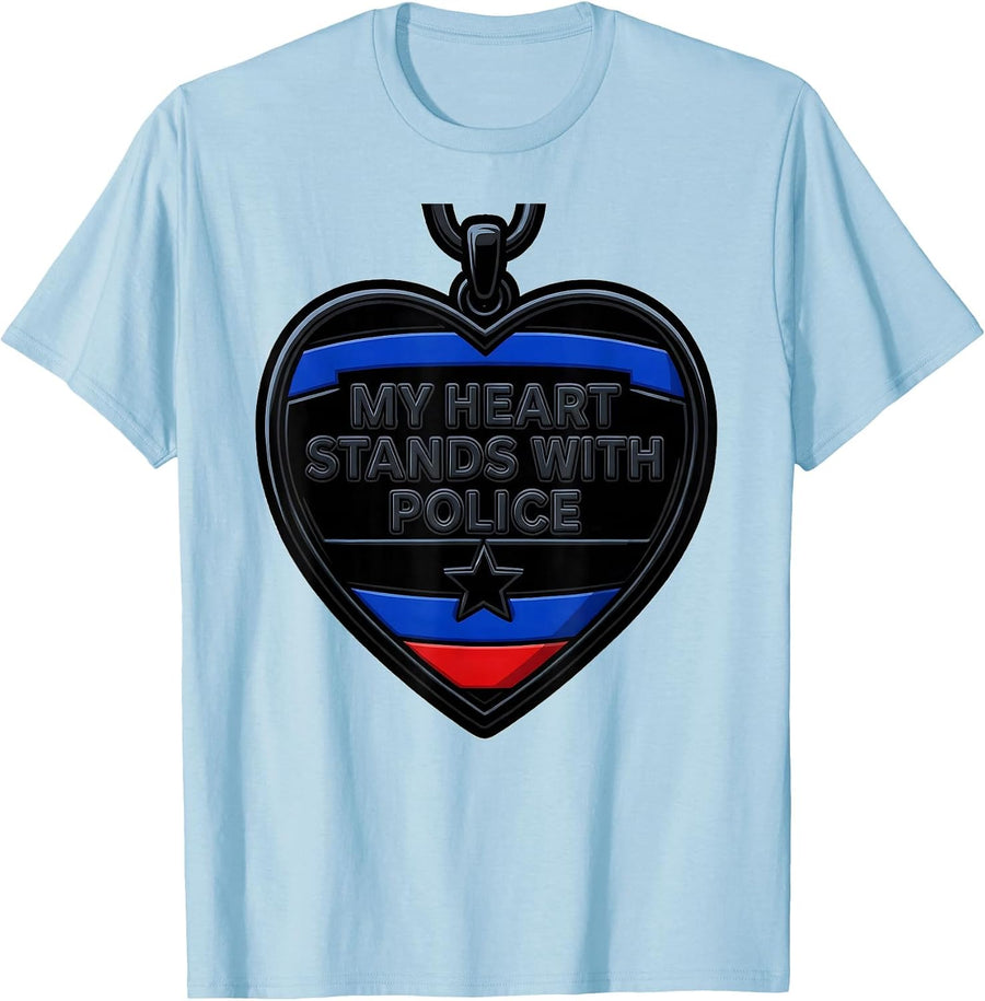 Men's My Heart Stands With Police Cartoon Thin Blue Line Police T-Shirt - Baby Blue
