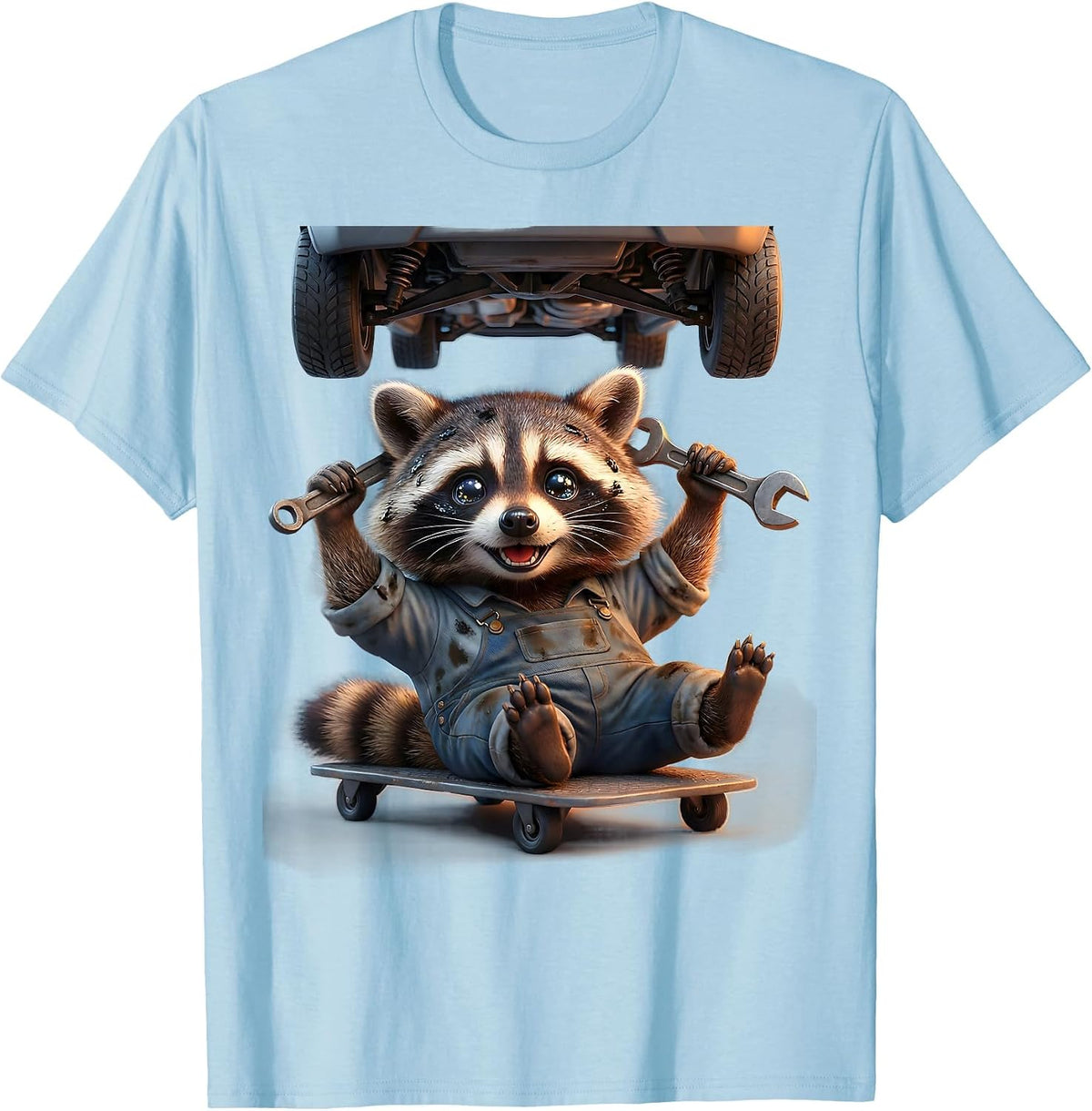 Men's Raccoon Mechanic Grease Monkey Garage Art T-Shirt - Baby Blue