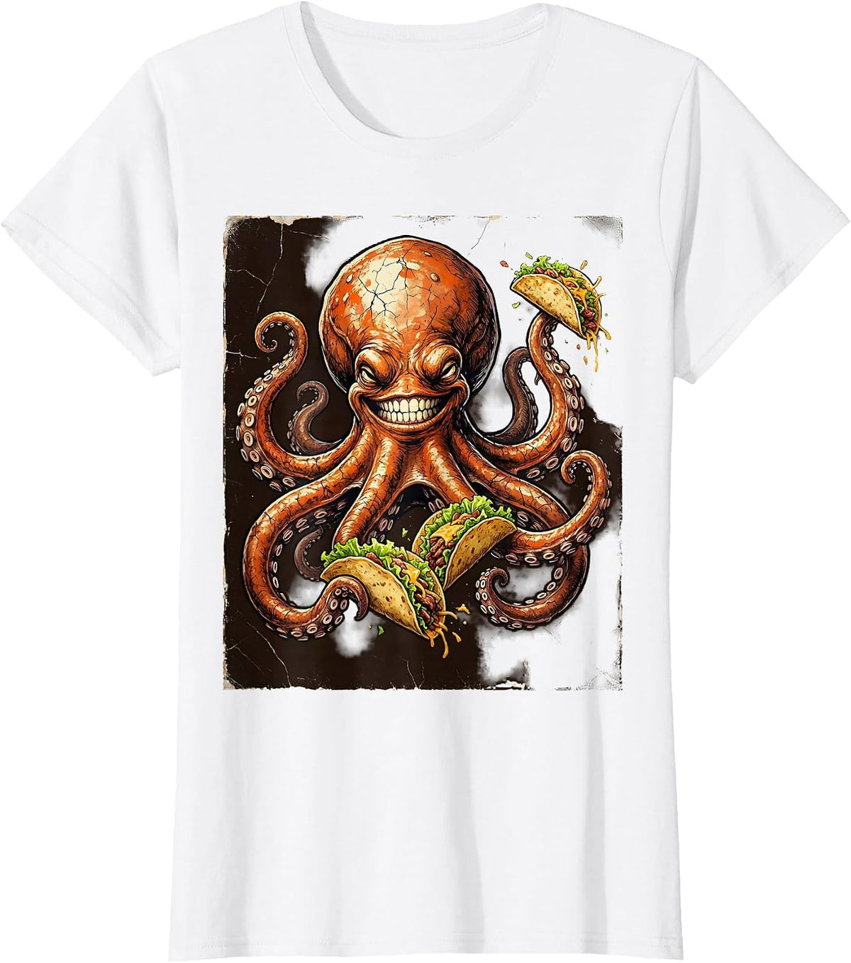 Octopus Juggling Tacos Funny Novelty Graphic Tee T-Shirt - White