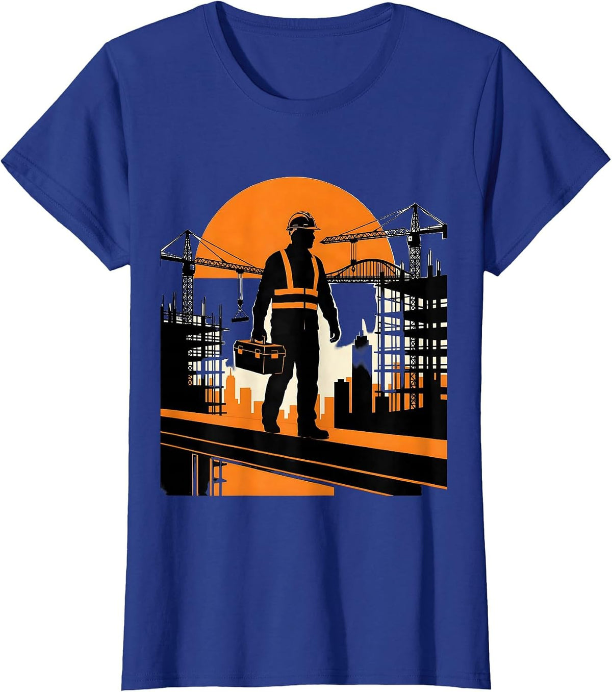 Women's Construction Worker Silhouette Sunset Skyline T-Shirt - Royal Blue