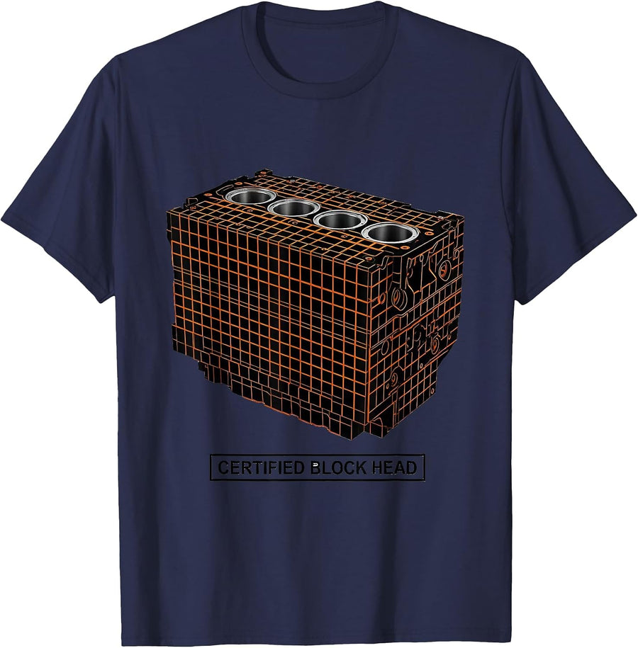 Certified Block Head Funny Mechanic Engine Block Garage Gift T-Shirt - Navy Blue