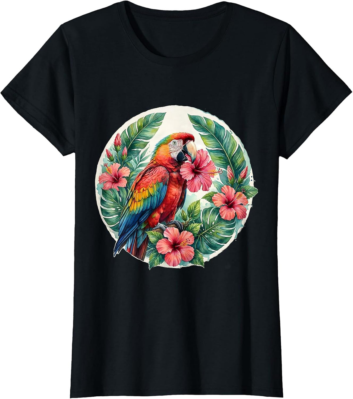Women's Colorful Parrot Hibiscus Hawaiian Tropical Design T-Shirt - Black