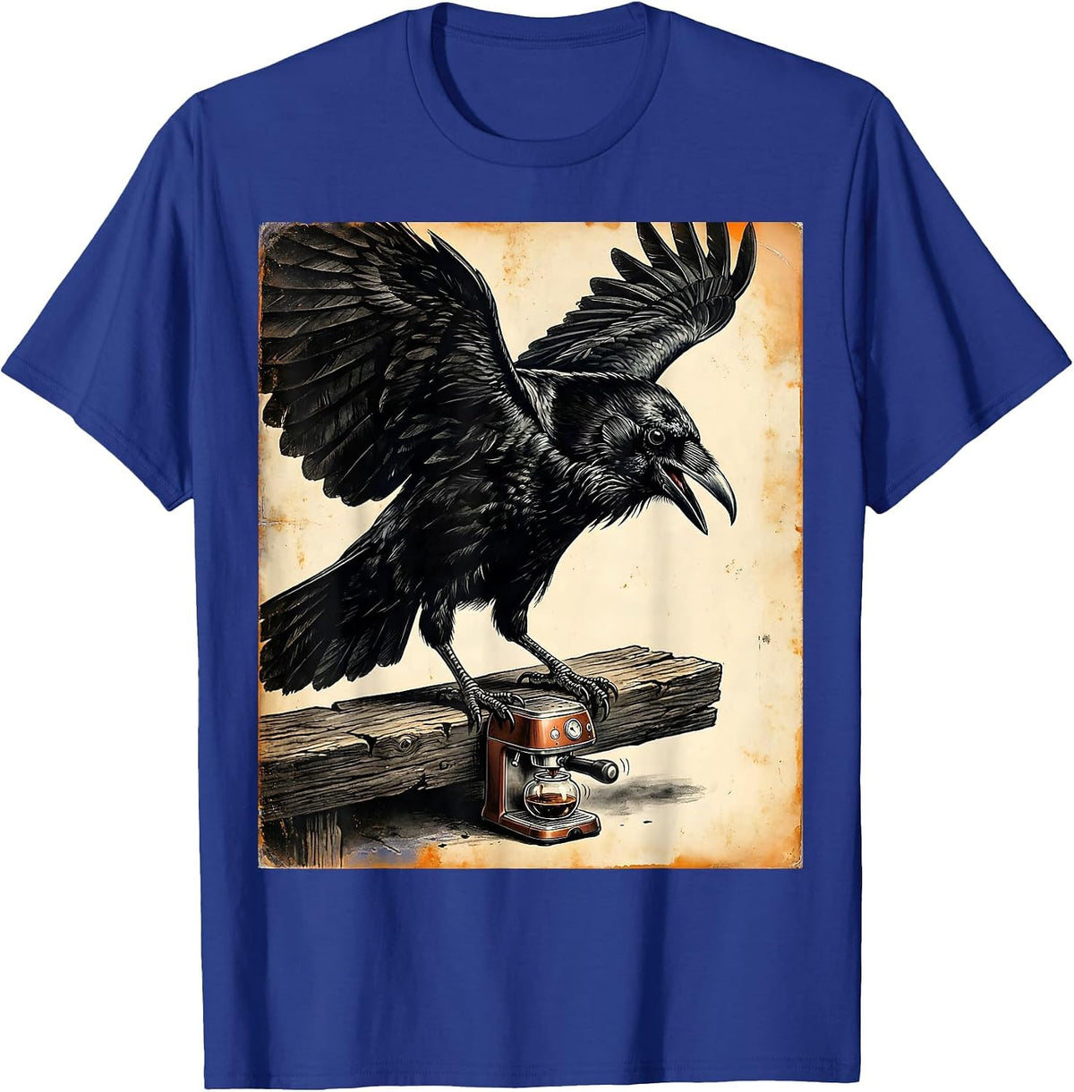 Giant Crow Looming Over Tiny Terrified Coffee Maker T-Shirt - Royal Blue