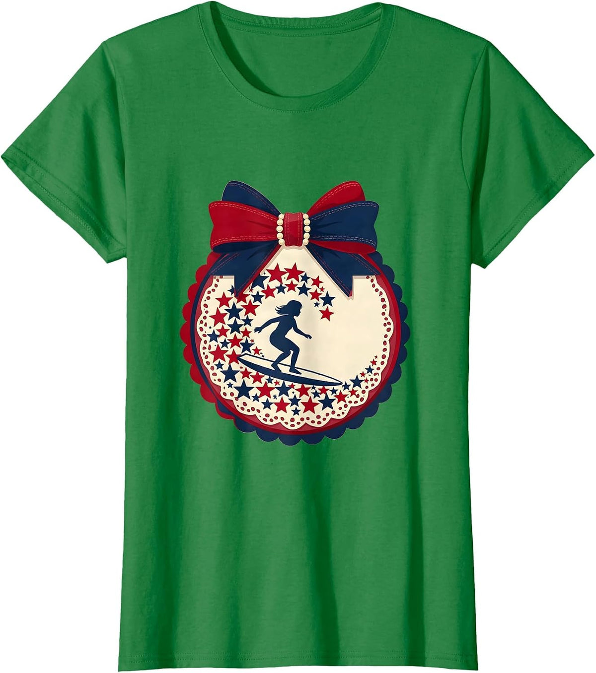 Patriotic Girl Surfing Wave of Stars Graphic T-Shirt - Kelly Green