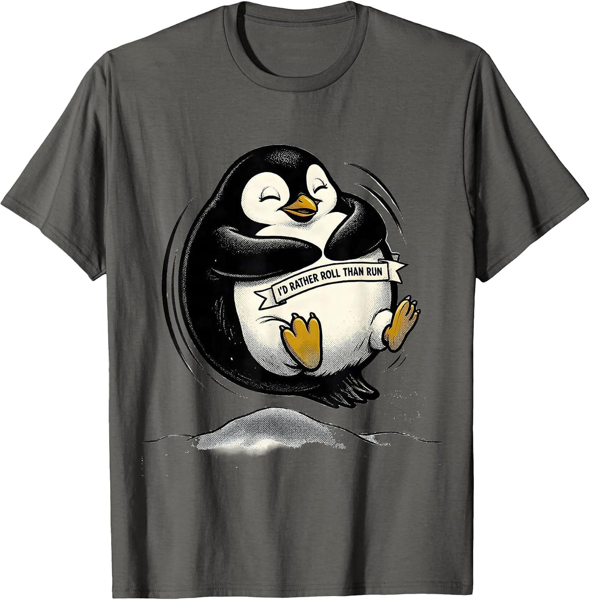 I'd Rather Roll Than Run Retro Cartoon Penguin Animal Lover T-Shirt - Asphalt Grey