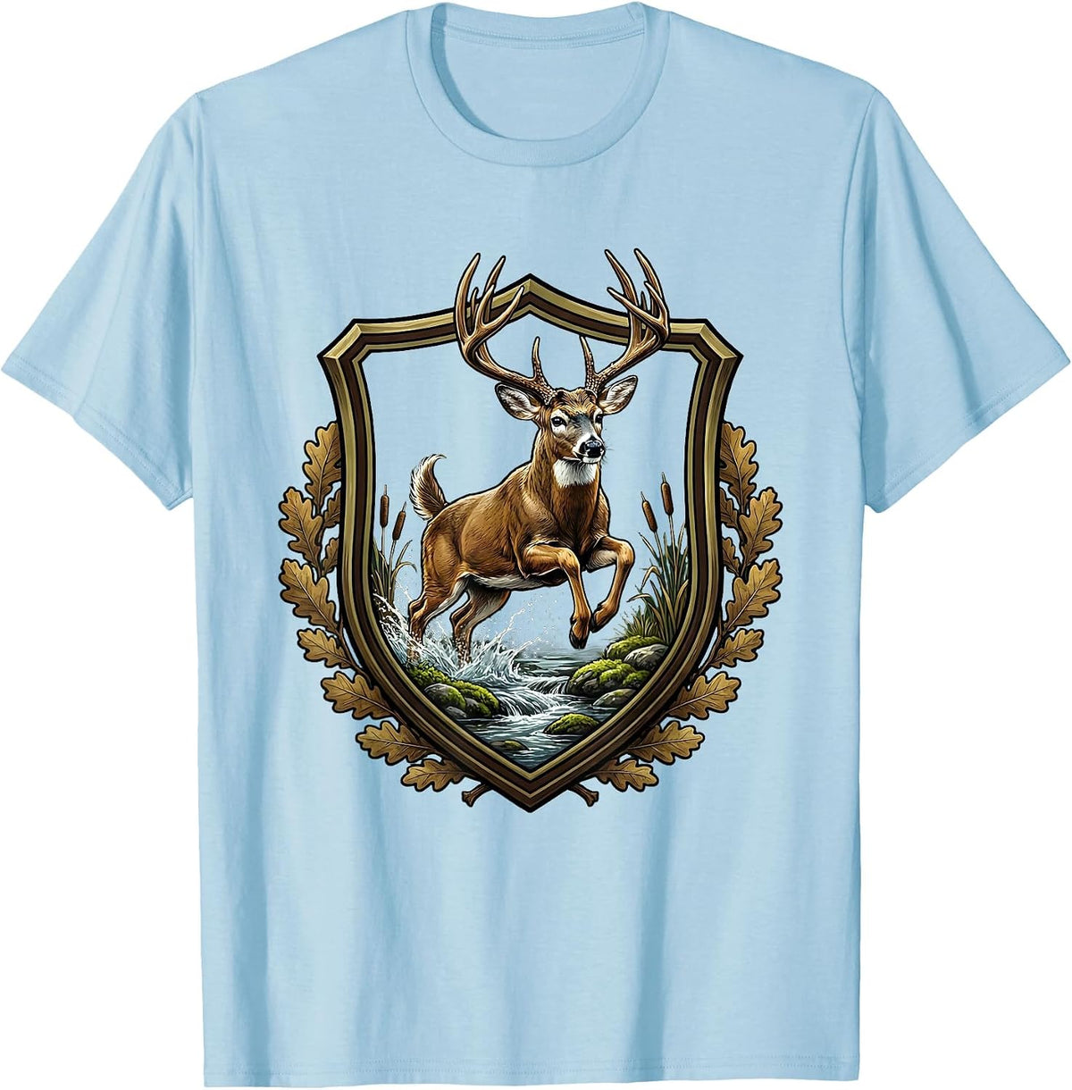 Men's Whitetail Buck Leaping Over Mossy Creek Camo T-Shirt - Baby Blue