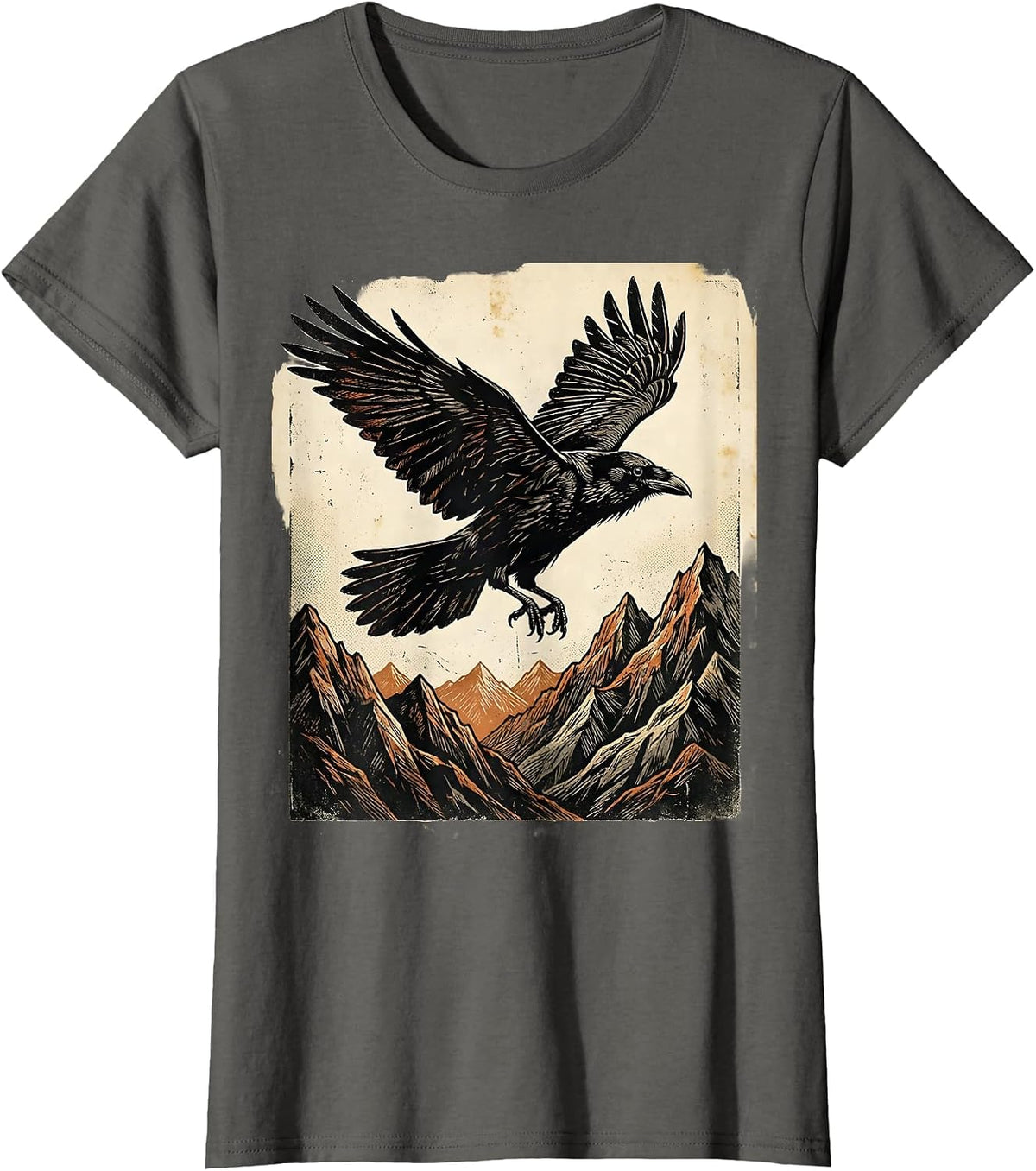Women's Crow Soaring Over Mountain Peaks Graphic T-Shirt - Asphalt Grey