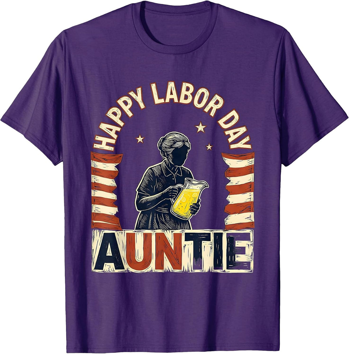 Happy Labor Day, Auntie Linocut Patriotic Labor Day T-Shirt - Purple