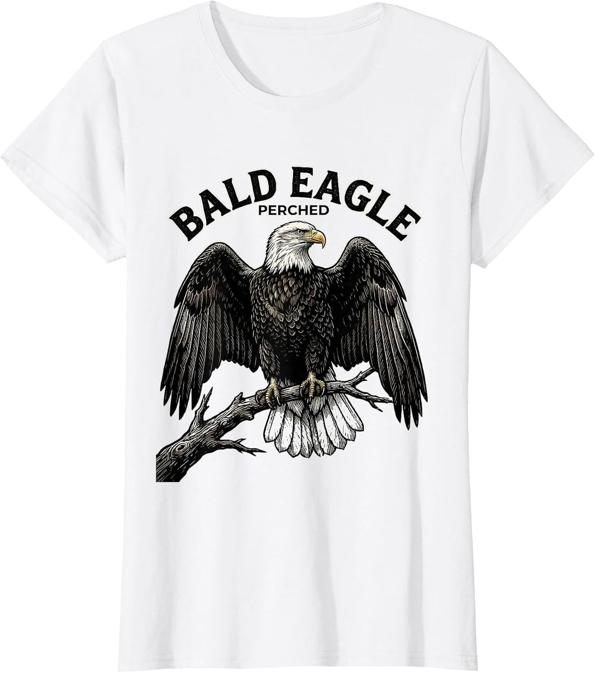 Bald Eagle Perched Vintage Woodcut Engraving Patriotic T-Shirt - White