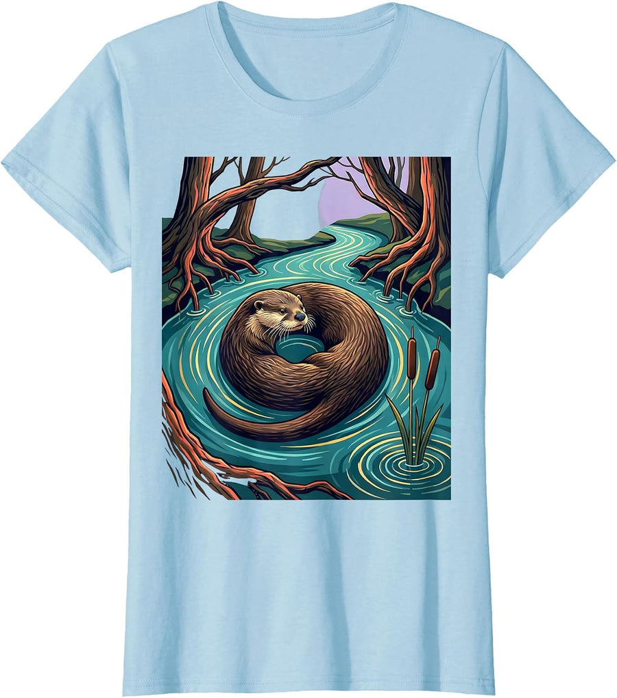 Women's River Otter Woodland Stream Nature Lover Retro T-Shirt - Baby Blue