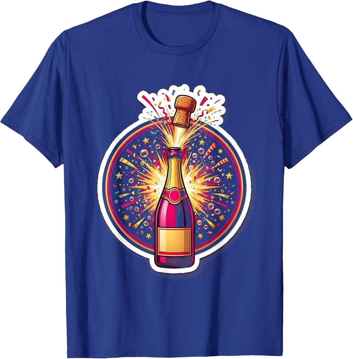Champagne Pop Confetti Burst Celebration Graphic T-Shirt - Royal Blue