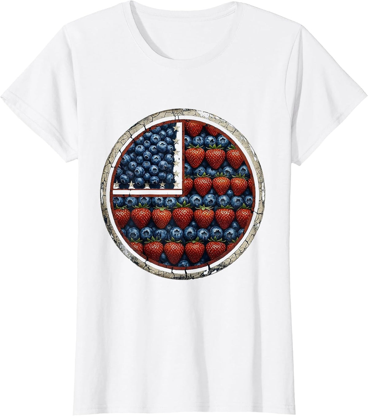 Strawberry Blueberry American Flag Pattern T-Shirt - White
