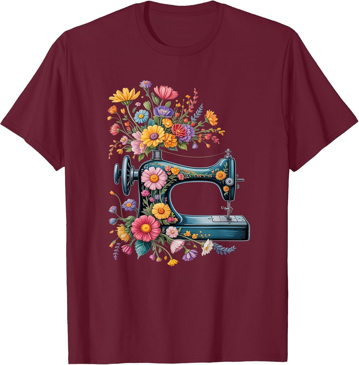 Vintage Sewing Machine with Floral Bloom Quilters Crafters T-Shirt - Burgundy