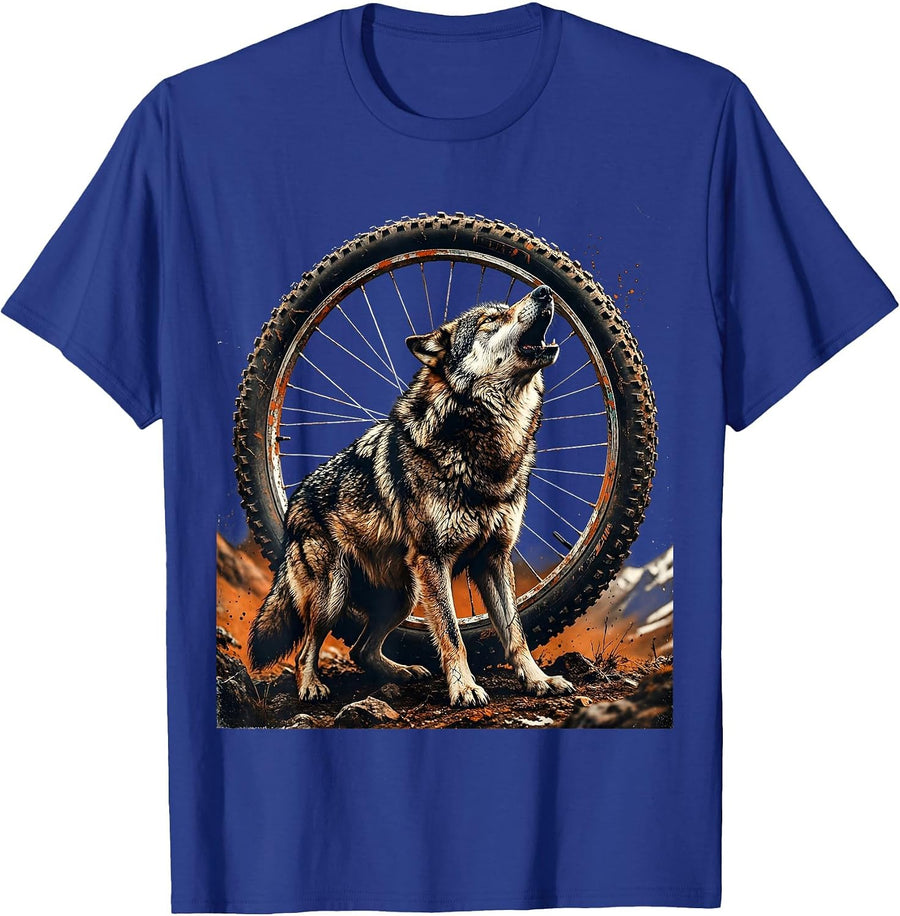 Wolf Howling MTB Wheel Mountain Bike Graphic T-Shirt - Royal Blue