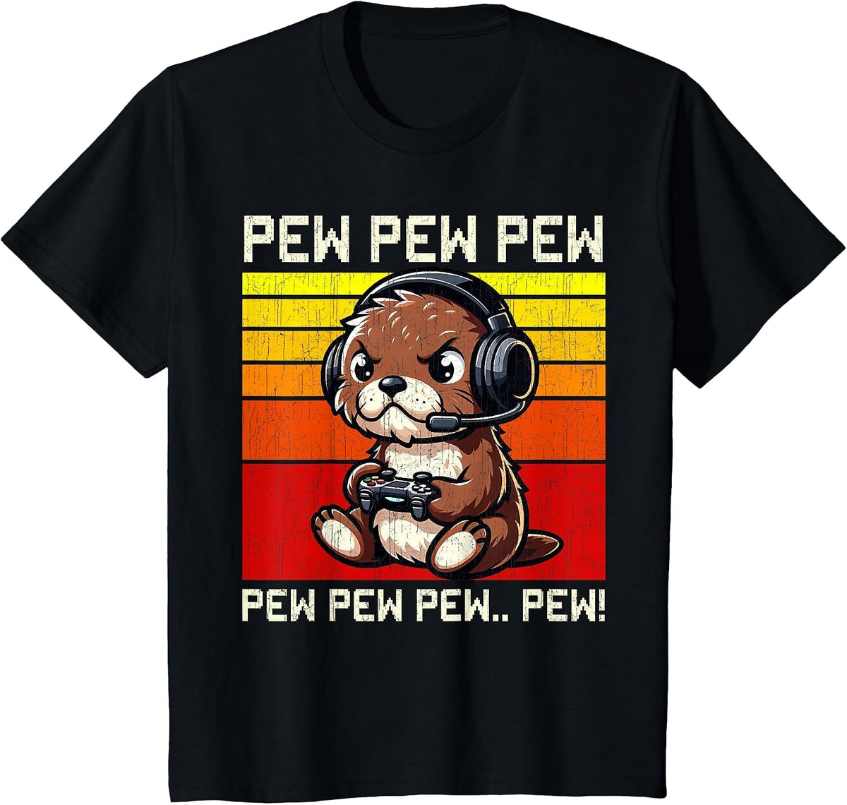 Otter Gamer Pew Funny Video Games Vintage Boys Men Girls T-Shirt - Black