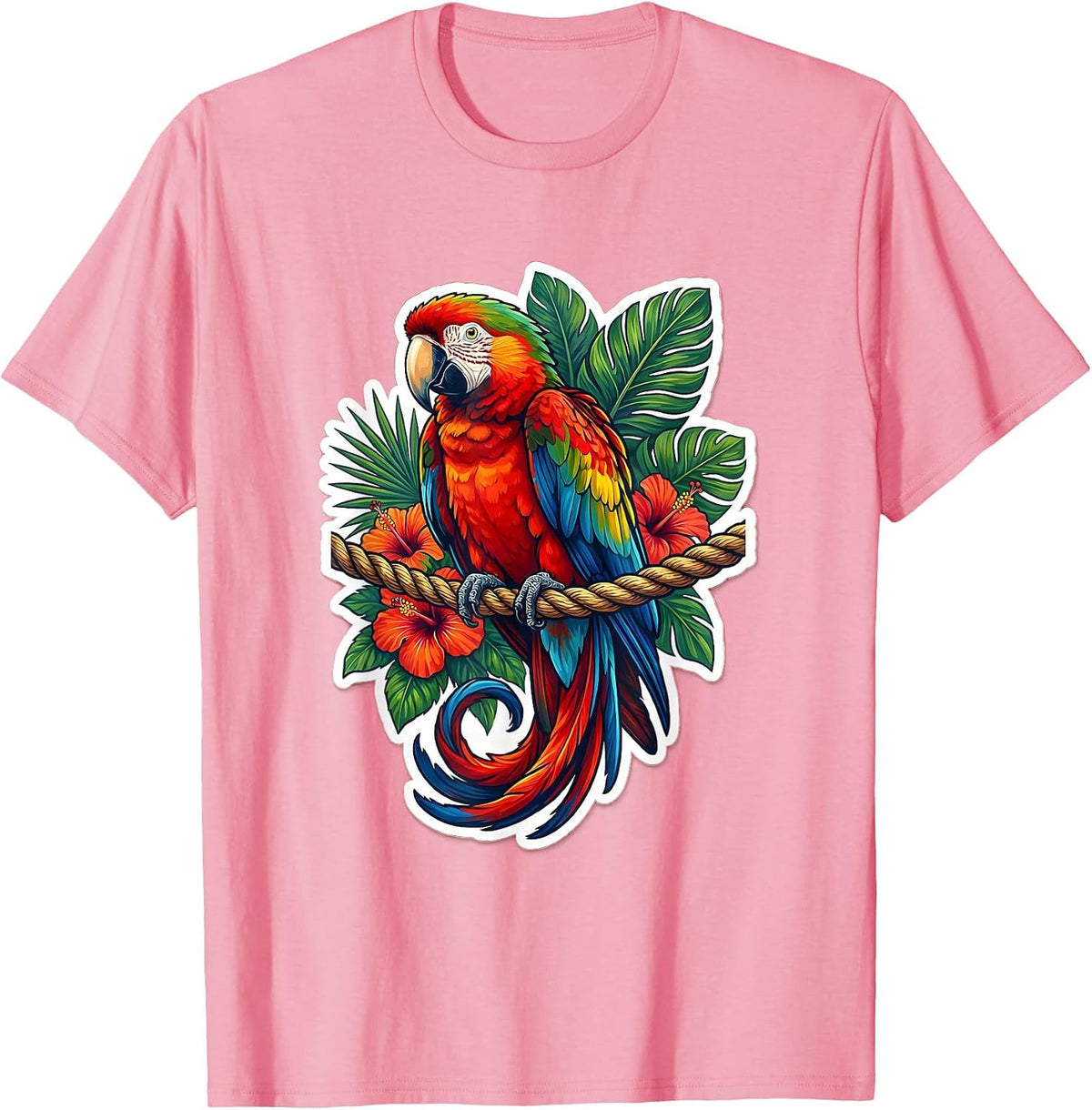 Tropical Parrot on Braided Rope Perch Hawaiian T-Shirt - Pink