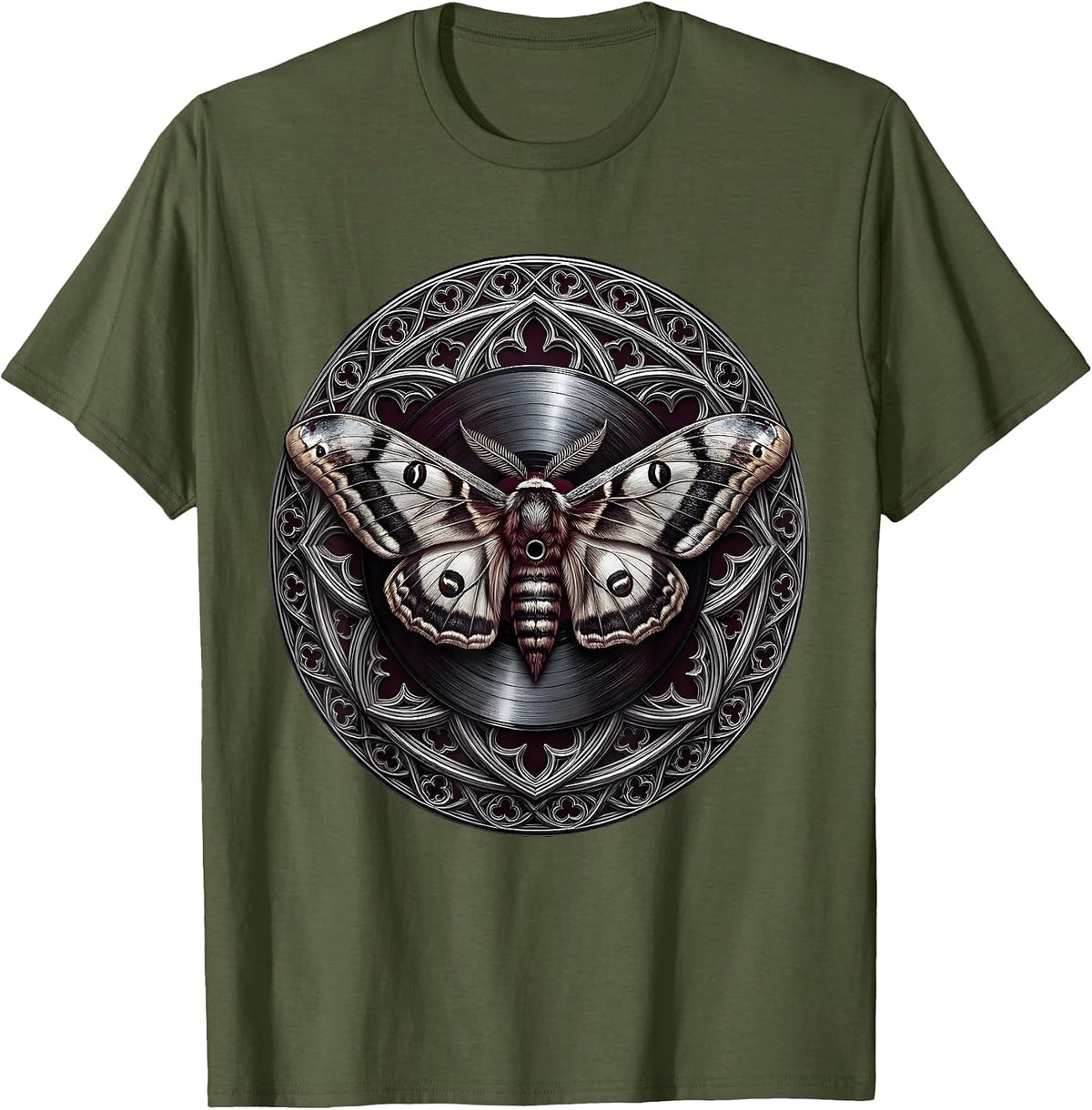 Moth Wings Vinyl Record Rock Music Graphic T-Shirt - Olive Green