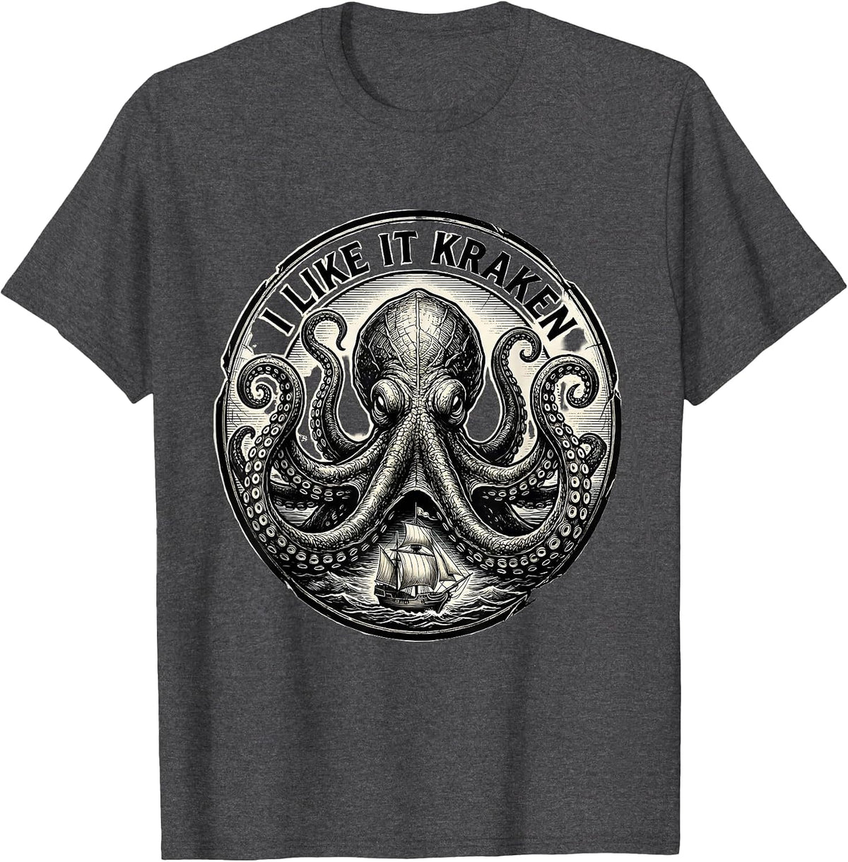I Like It Kraken Monochromatic Vintage Octopus Kraken T-Shirt - Dark Heather Grey
