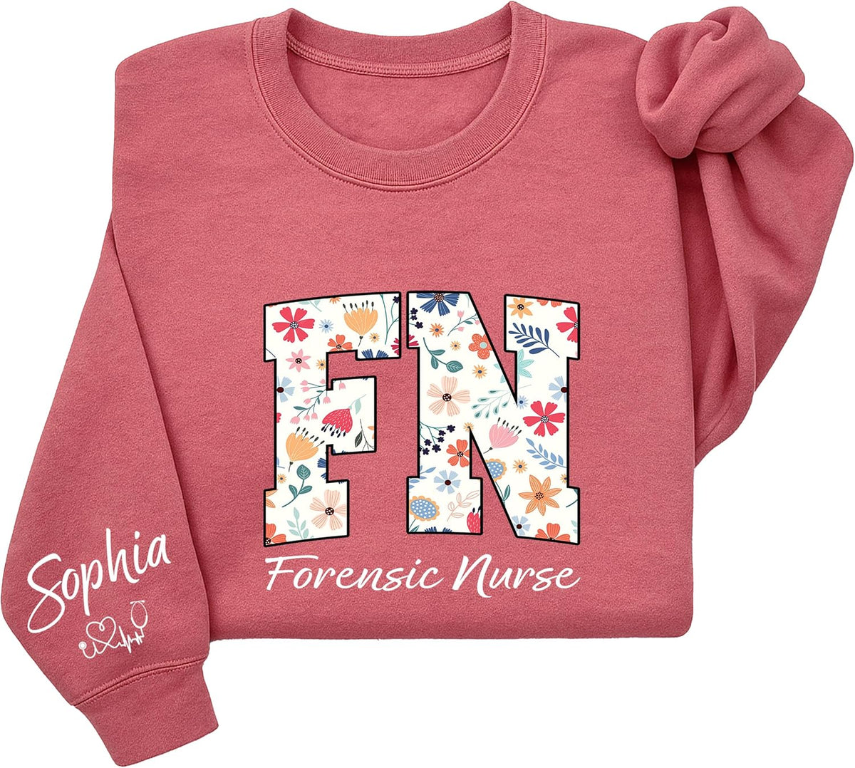 Personalized Nurse Sweatshirt with Floral Letters, Custom Name Sleeve, Gift for Medical Staff Uniform - Forensic Nurse