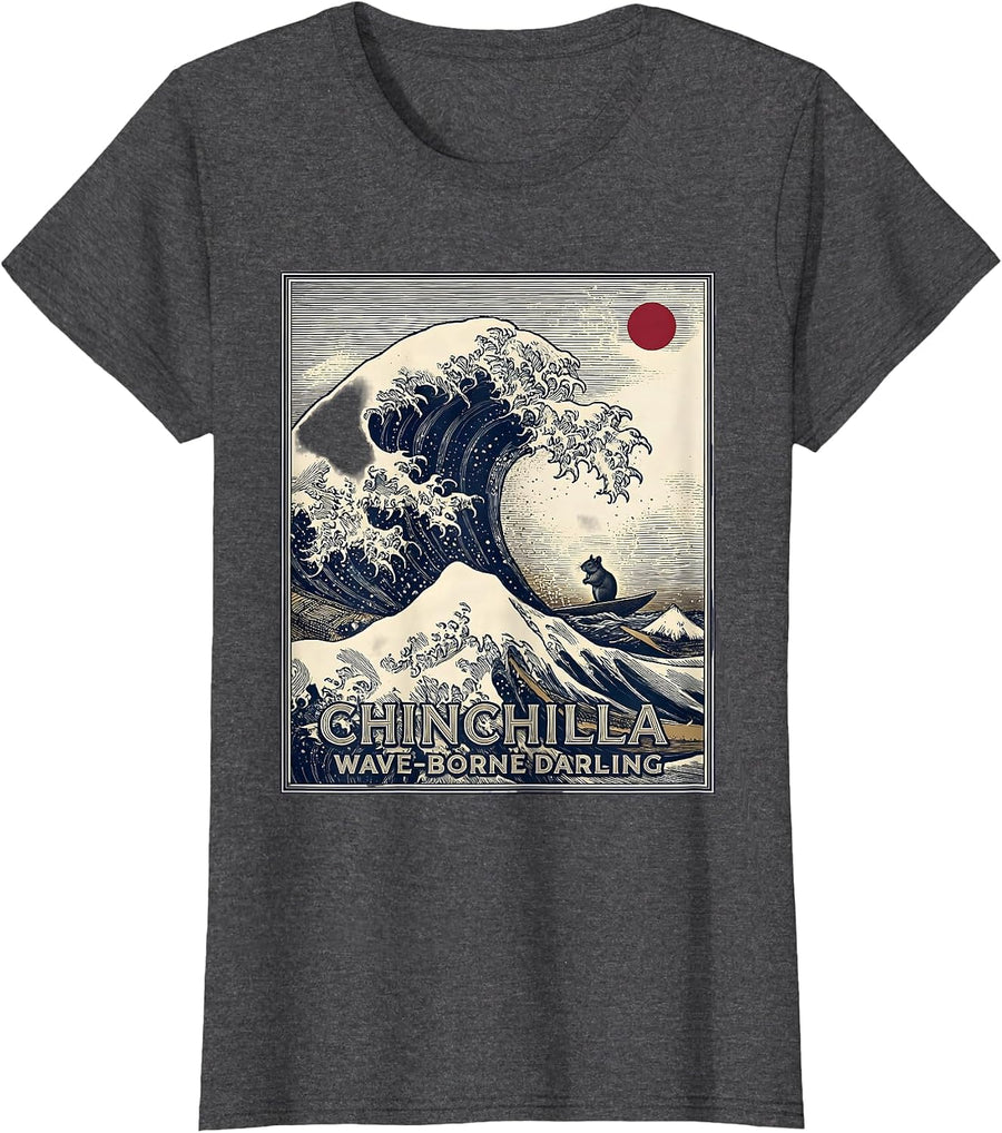 Women's Chinchilla, Wave-Borne Darling Playful Animal Surfing Humor T-Shirt - Dark Heather Grey