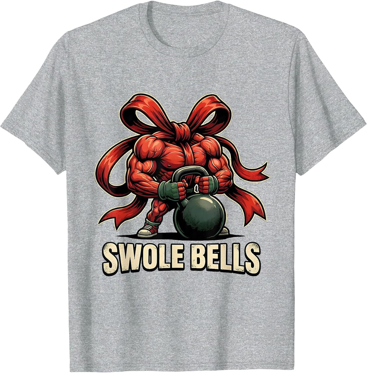 Men's Swole Bells Distressed Funny Christmas Gym Weightlifting T-Shirt - Heather Grey