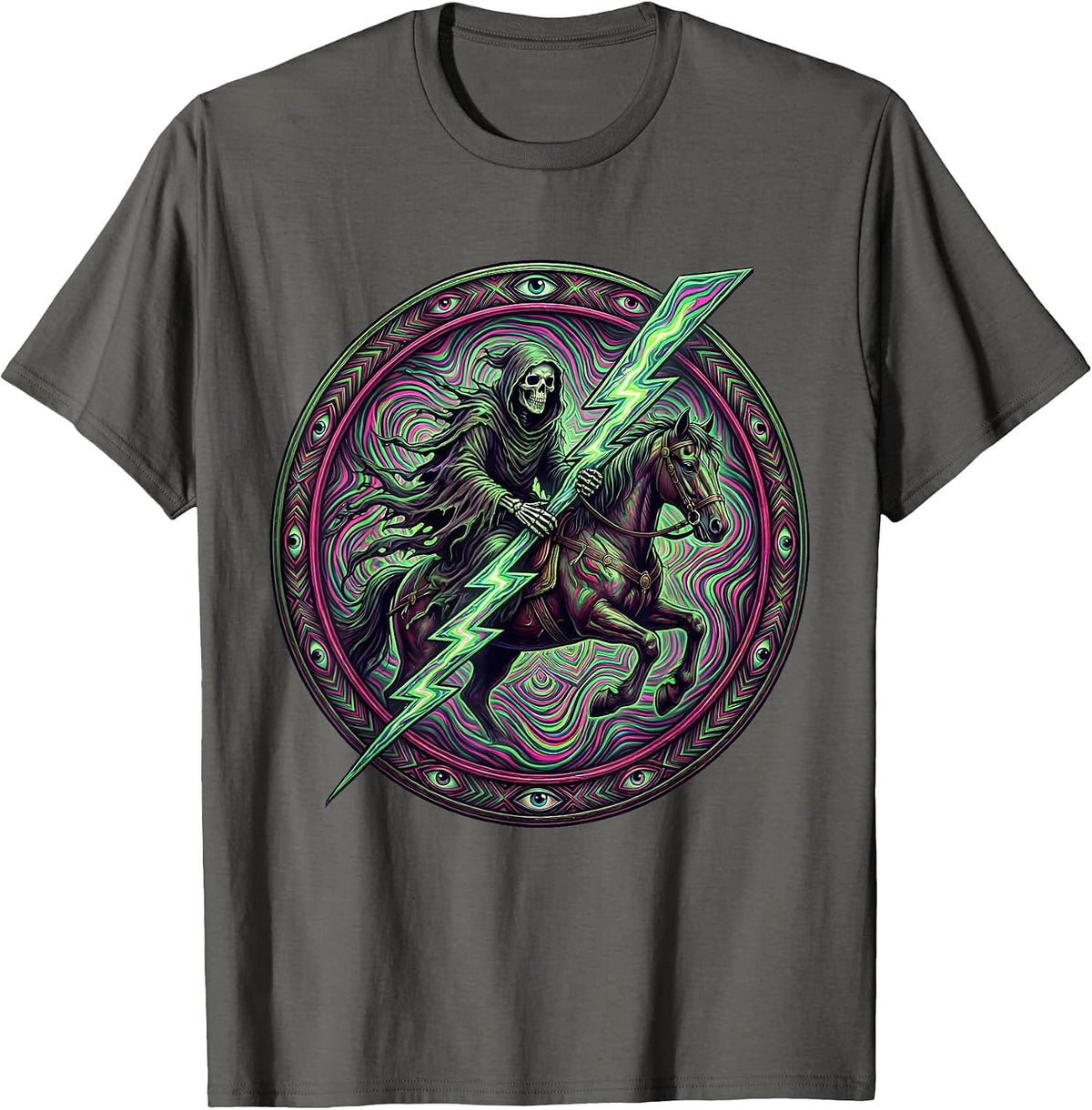 Grim Reaper Riding Lightning Bolt Heavy Metal T-Shirt - Asphalt Grey