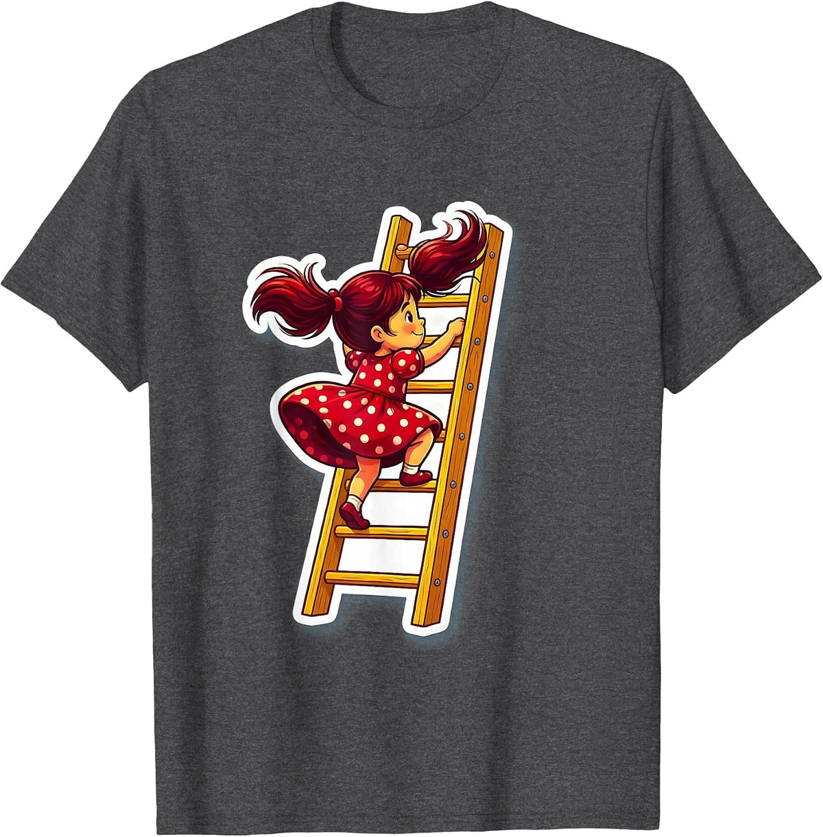 Polka Dot Dress Girl Climbing Tall Ladder T-Shirt - Dark Heather Grey