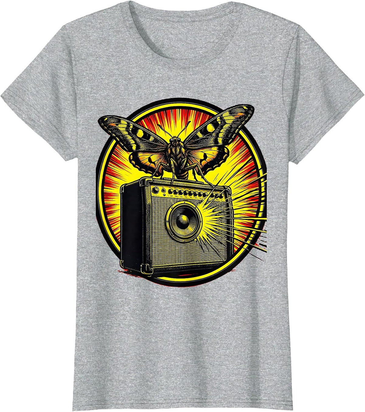 Moth and Amplifier Glow Rock Music Graphic T-Shirt - Heather Grey