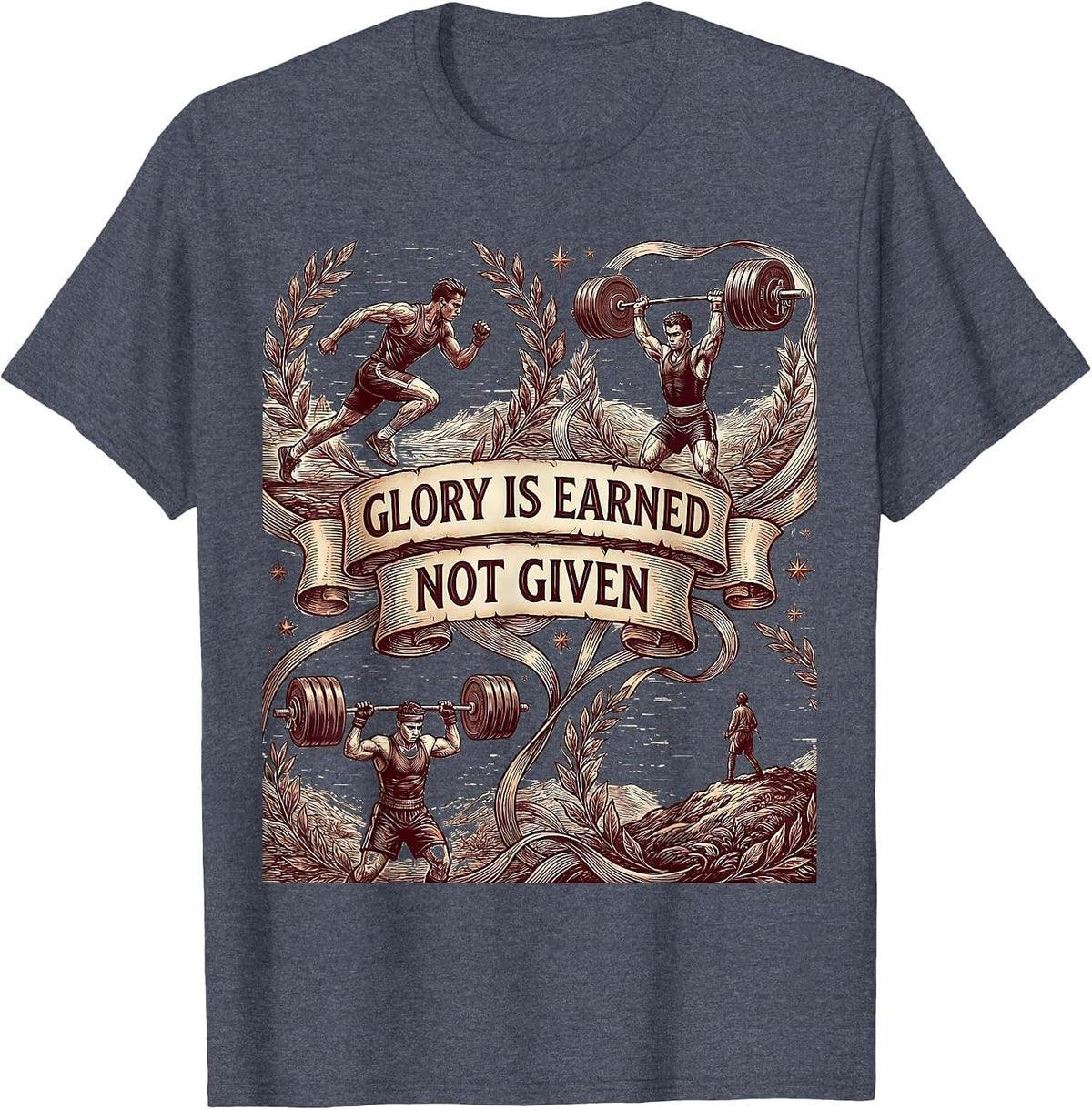 Glory Is Earned Not Given Sports Motivation Design T-Shirt - Heather Blue