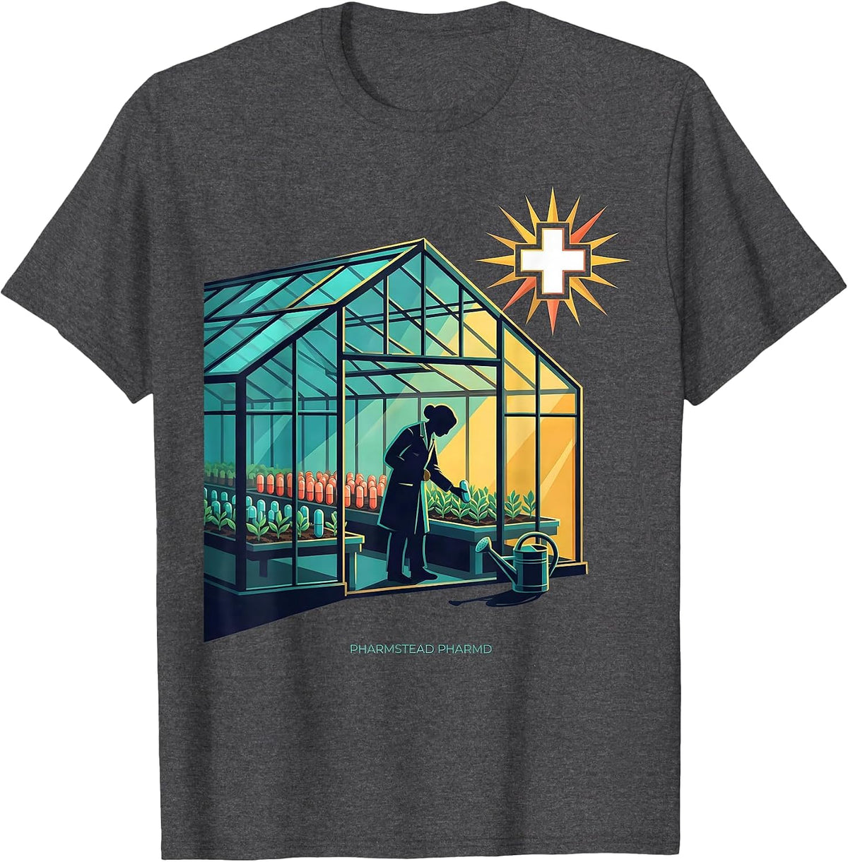 Pharmstead PharmD Funny Pharmacist Pharmacy Tech Crew T-Shirt - Dark Heather Grey