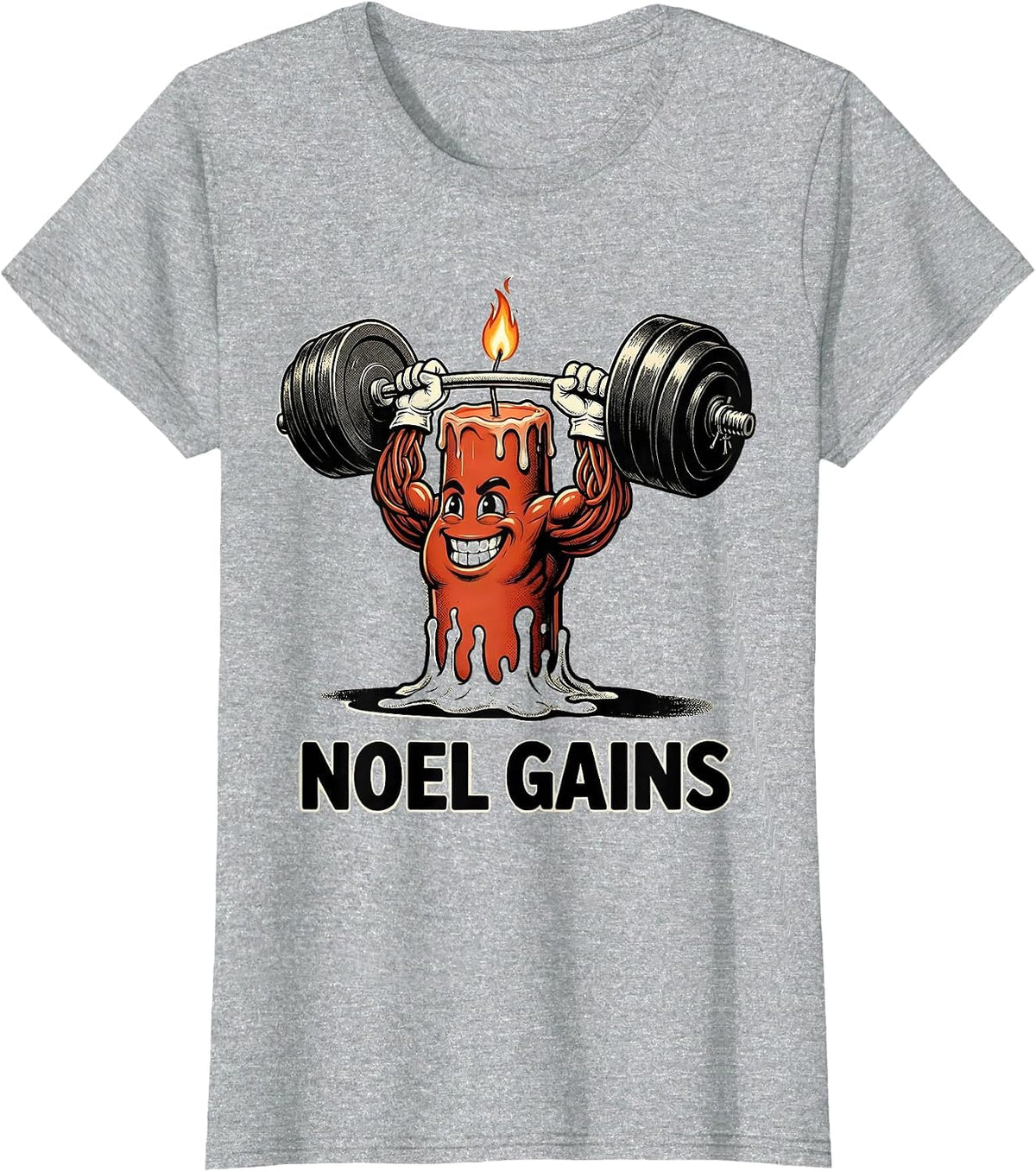 Women's Noel Gains Retro Cartoon Funny Christmas Gym Weightlifting T-Shirt - Heather Grey