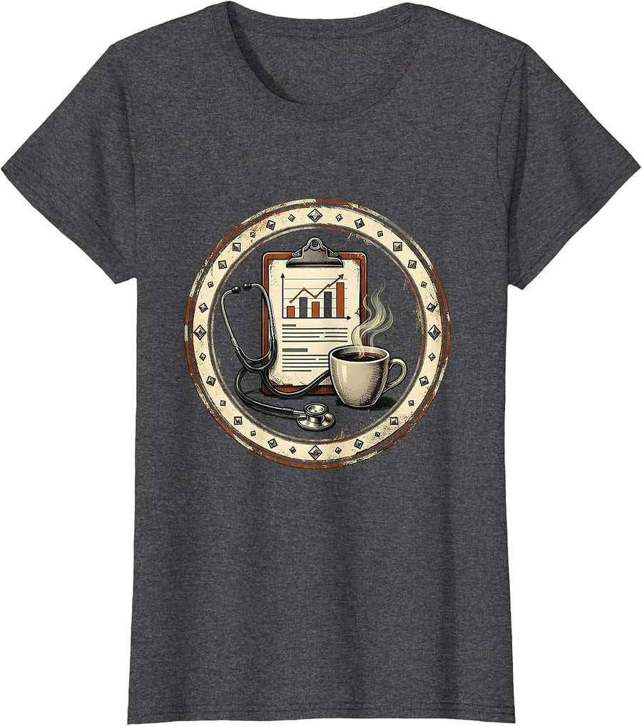 Women's Medical Assistant Clipboard and Coffee Graphic T-Shirt - Dark Heather Grey
