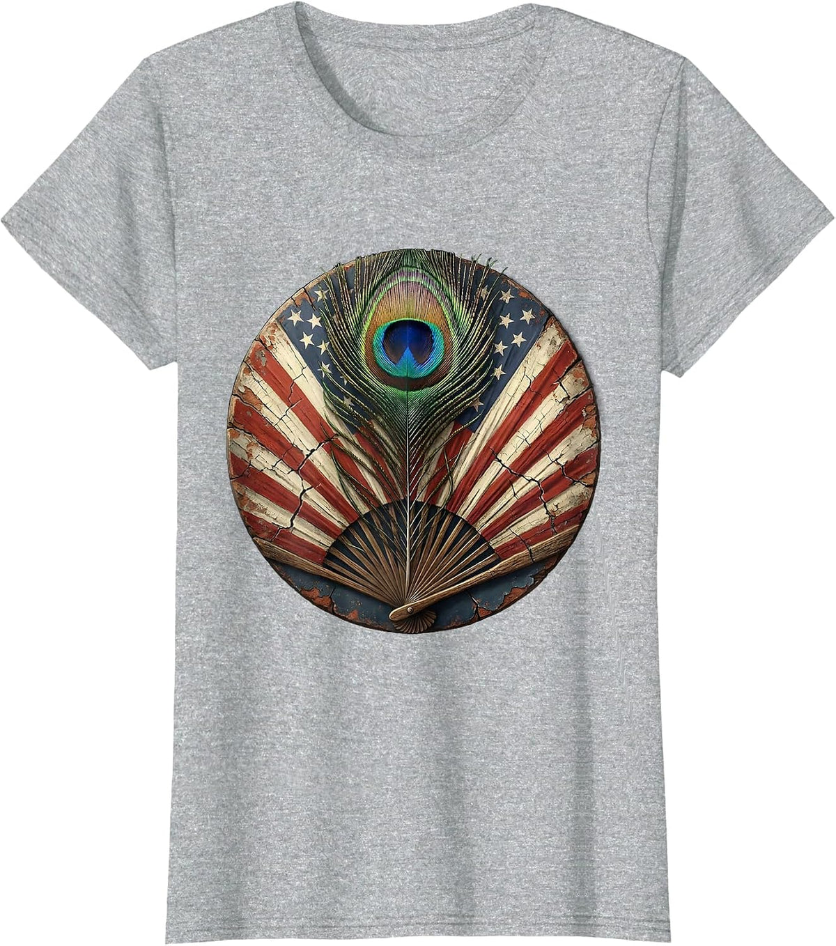 Women's Red White and Blue Peacock Feather Design T-Shirt - Heather Grey
