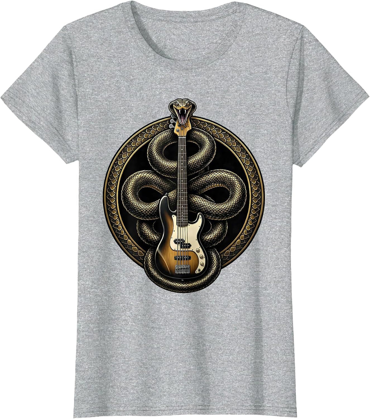 Snake Coiled Around Bass Guitar Graphic T-Shirt - Heather Grey