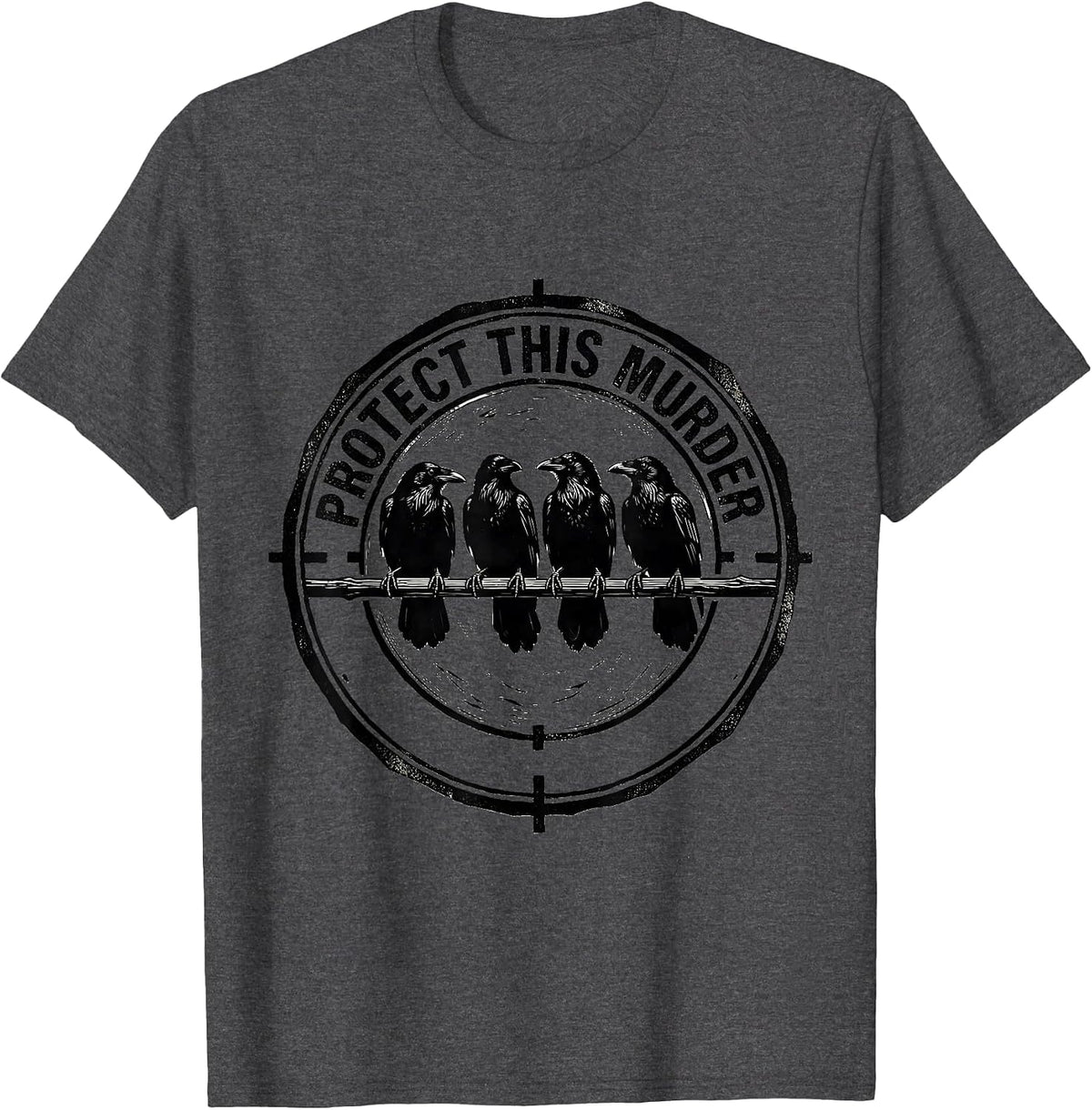 Men's Protect This Murder Linocut Crow Pun Bird Lover Humor T-Shirt - Dark Heather Grey