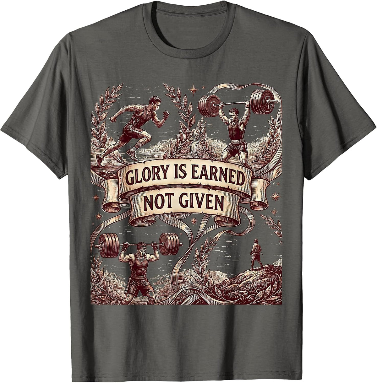 Glory Is Earned Not Given Sports Motivation Design T-Shirt - Asphalt Grey