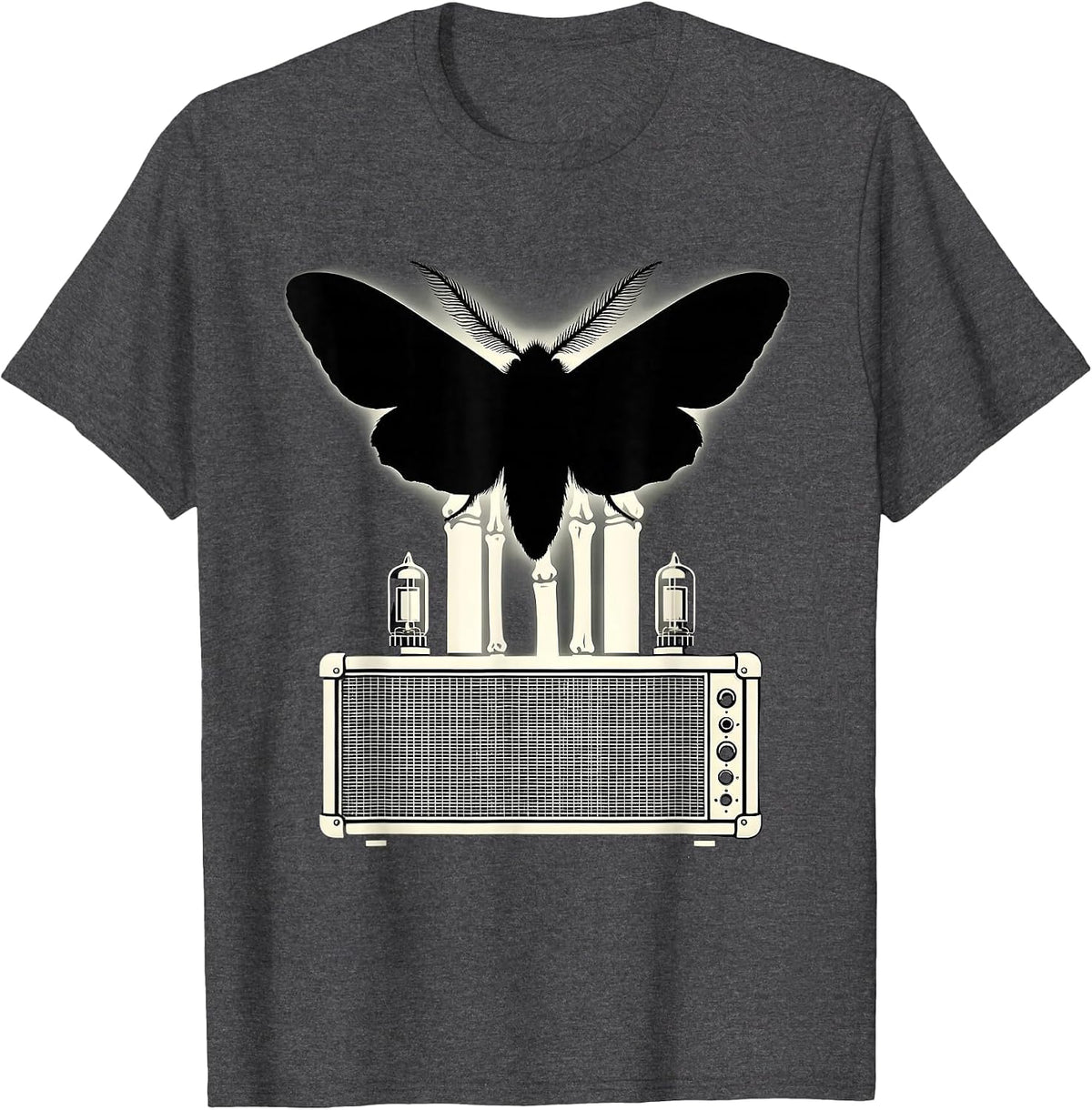 Moth and Glowing Vacuum Tube Amp Rock Art T-Shirt - Dark Heather Grey