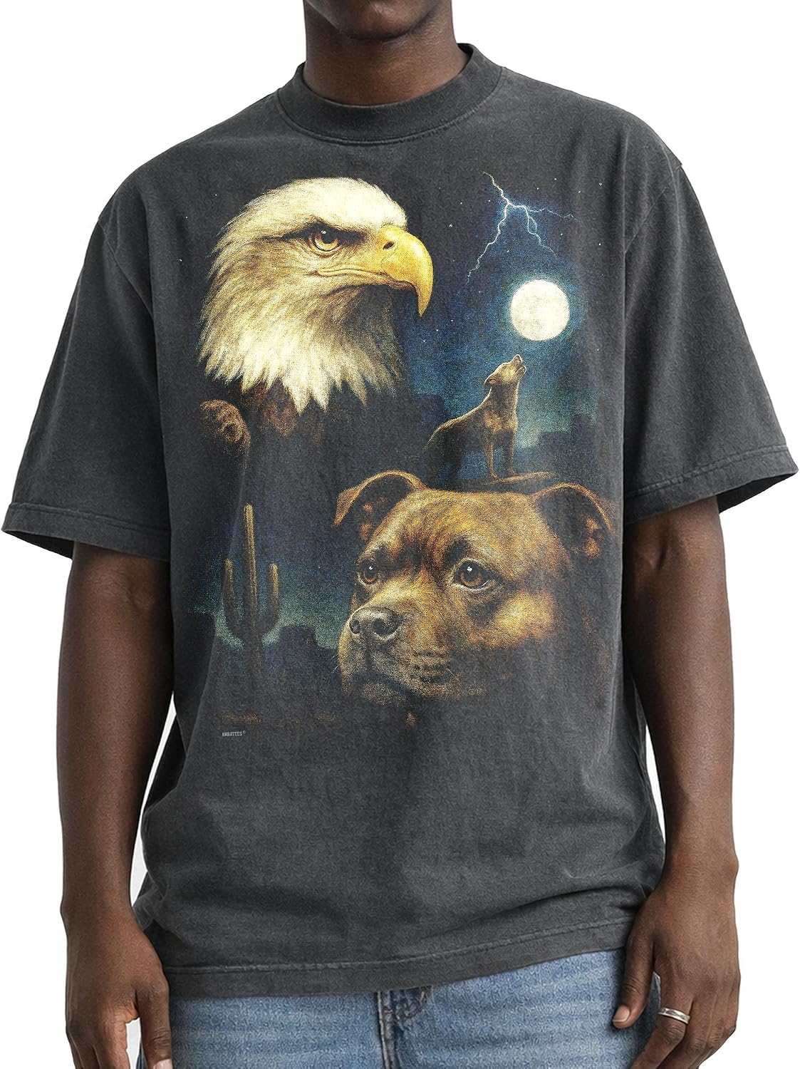 Shaka Wear Dog & Bald Eagle Thunder Tshirt - Faded Max-Heavyweight 7.5oz Oversized & Boxy - Staffordshire Bull Terrier