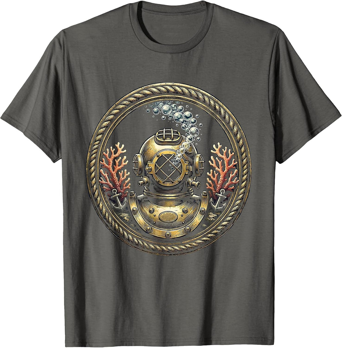 Vintage Diving Helmet Bubbles Navy Graphic T-Shirt - Asphalt Grey