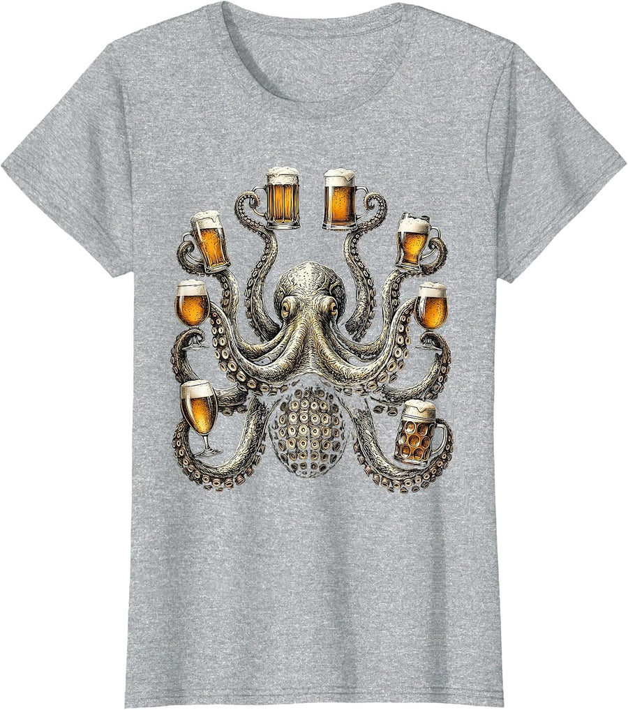 Octopus Holding Eight Beers Funny Drinking Art T-Shirt, Women, Heather Grey, 3X-Large - As Pictured