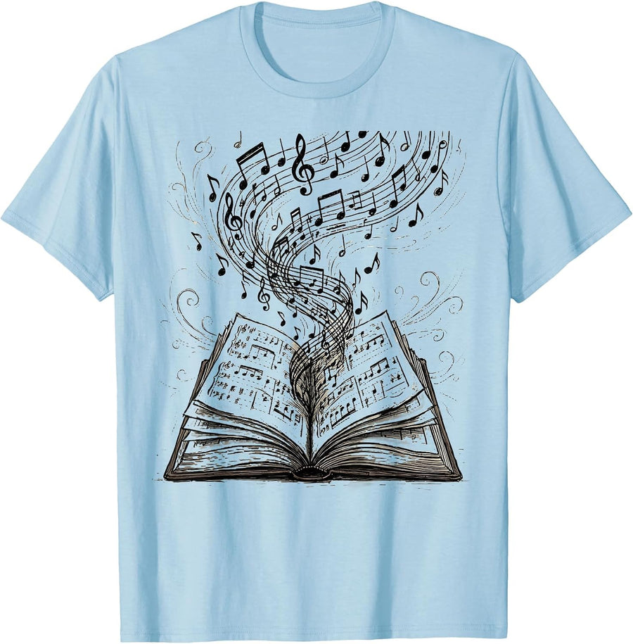 Men's Music Teacher Open Book Flying Notes Illustration T-Shirt - Baby Blue